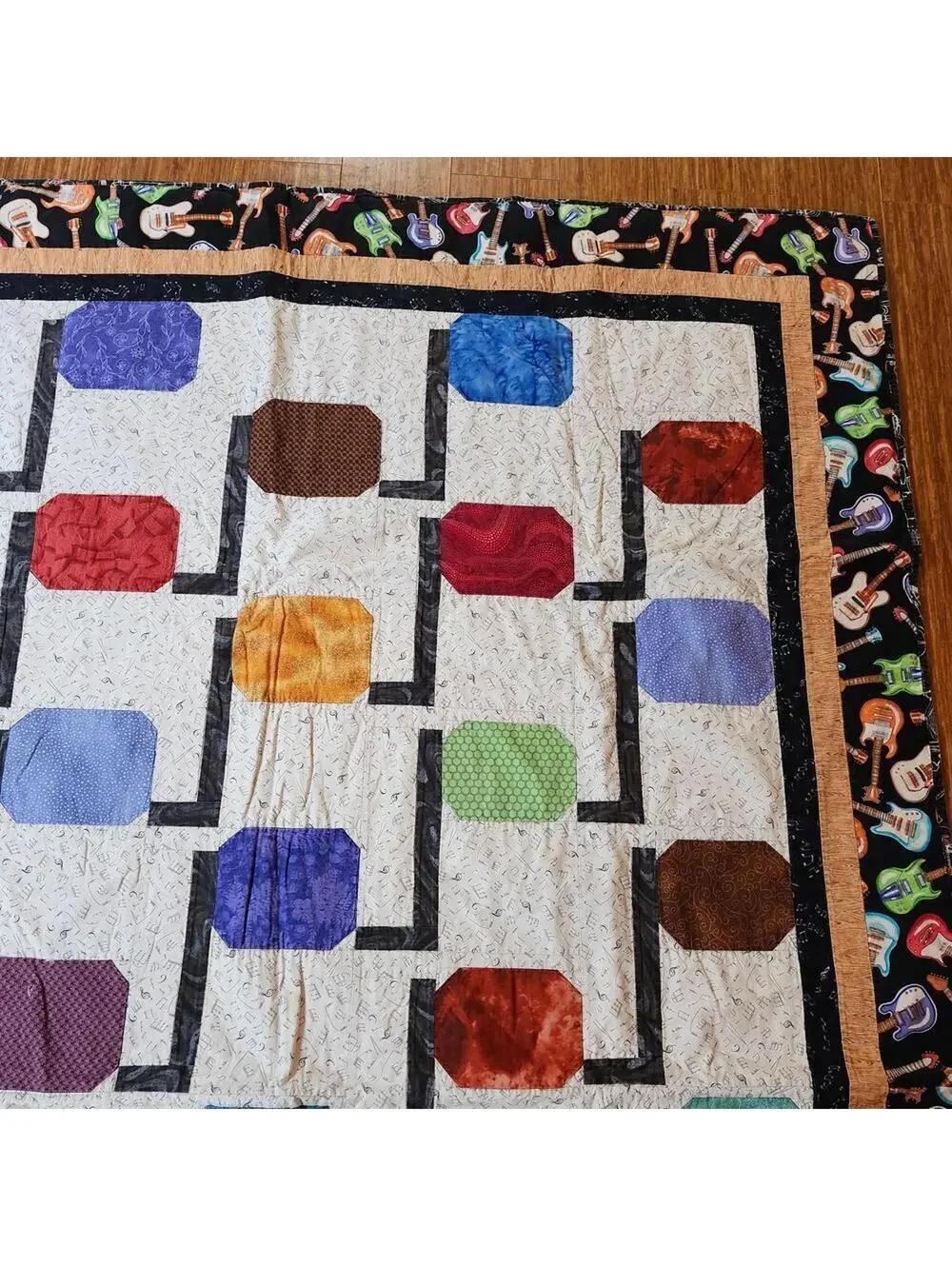 Colorful Handmade Quilt with Musical Guitar Border 60 x 86 Inch